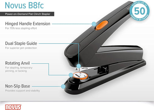 Novus B8fc Flat Clinch Stapler, Power on Demand, 50 Sheet Capacity, German Engineered, Black (020-1673)
