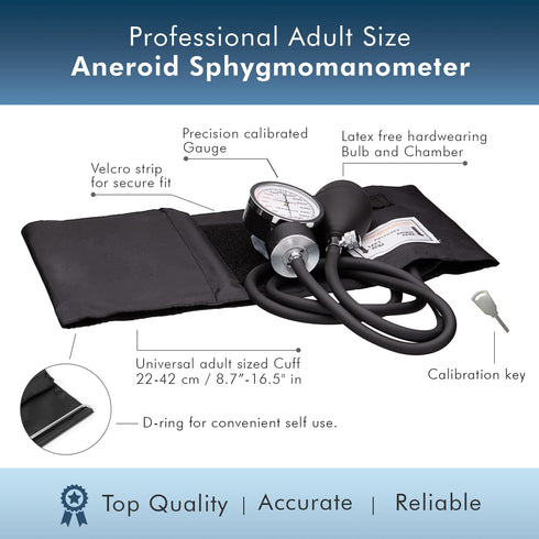NOVAMEDIC 8.7-16.5", Adult Size Self Taking Black Aneroid Sphygmomanometer, Stethoscope Kit - Professional Blood