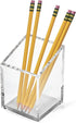 OfficeGoods Acrylic Pen & Pencil Holder - Modern Desk Organizer with Trapezoid Design - Silver Contrasting Metal Base