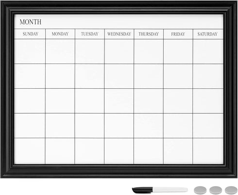 Navaris Framed Calendar Whiteboard for Wall, 18" x 24" Magnetic Dry Erase Monthly Planner, White Board with Frame,