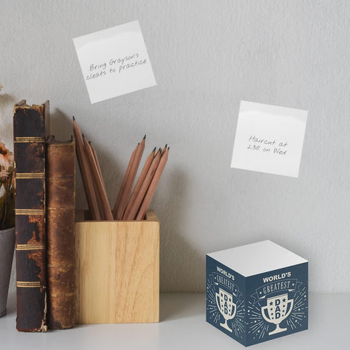 World's Greatest Dad Sticky Note Cube, 2.75" Memo Block, Printed on 4 Sides, Father's Day Blue Modern Design