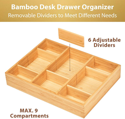 Umilife Bamboo Wood Desk Drawer Organizer Tray with Adjustable Compartments, Office Desk Accessories Storage
