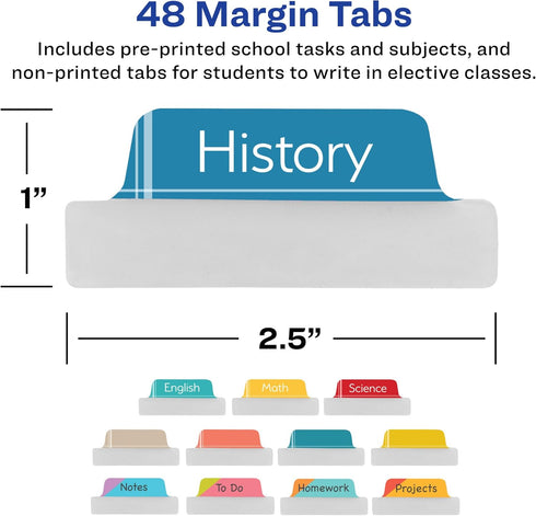 Avery Ultra Tabs Bundle, Student and School Subject Tabs, 2.5" x 1" Margin Tabs, 48 Sticky Tabs (74903)