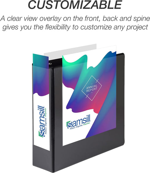 Samsill Durable D Ring Binder, 3 Inch, Customizable Clear View Cover, Black, Made in the USA, Holds 625 Pages