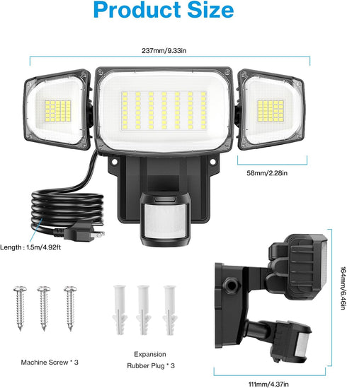 70W 7000LM IP65 6500K Olafus Motion Sensor Outdoor Light Plug in, Motion Flood Light Dusk to Dawn, LED Security Light