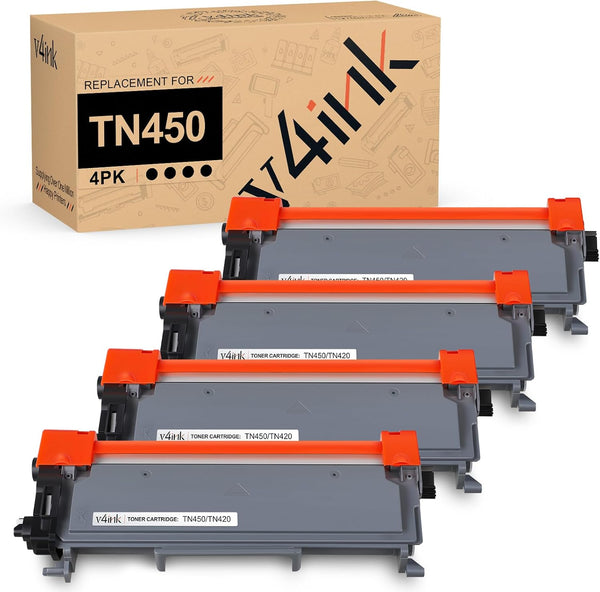 v4ink Compatible Black Toner Cartridge Replacement for Brother TN450 TN420, High Yield for Multiple Printer Models (4