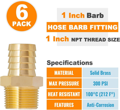 SUNGATOR Hose Barb Fittings, 1-Inch Barb to 1-Inch NPT, Brass Air Hose Repair Fitting Kit (6 Pack)