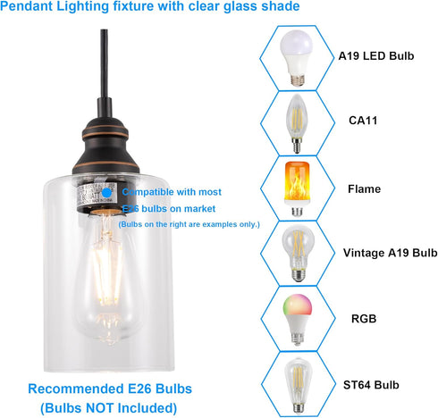 1-Pack Pendant Light Fixture, Adjustable Hanging Ceiling Lights, Anti-Rust Metal Hanging Light Fixtures with Clear