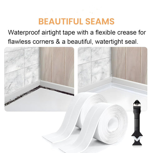 White Caulk Tape, Waterproof Self Adhesive Sealer Strip for Toilet Base, Shower, Wash Basin, Easy to Use