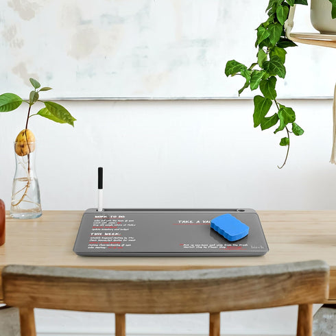 Birch Desktop Whiteboard (Charcoal) with Storage & Multiple Markers, Glass Dry Erase Board for Desk Top