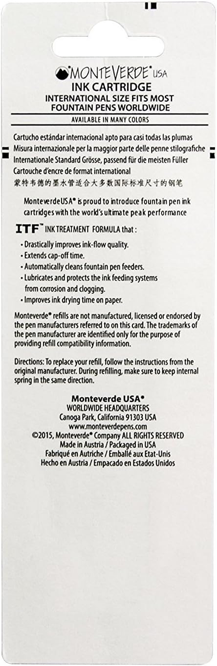 Monteverde International Size Cartridge, Pink - 6 per Pack, Fits Fountain Pens (G302PK)
