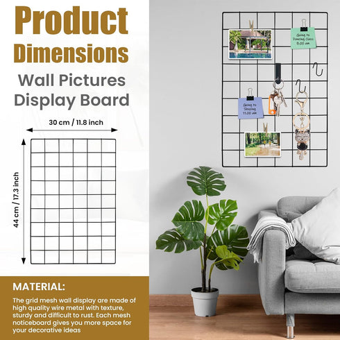 Metal Grid Wall Panel, 17.3"×11.8" Wire Photo Display Organizer, 4-Pack Memo Board with Clips and Hooks