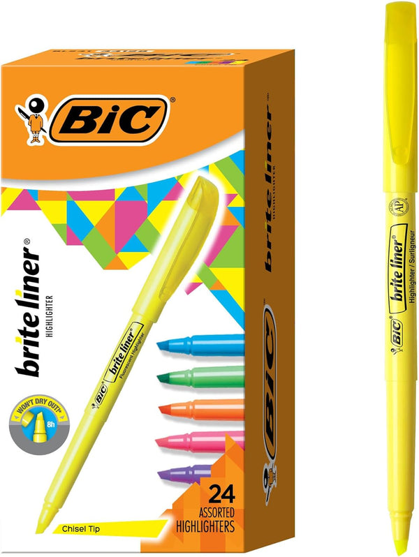 BIC Brite Liner Highlighters with Chisel Tip, 24-Count Pack in Assorted Colors