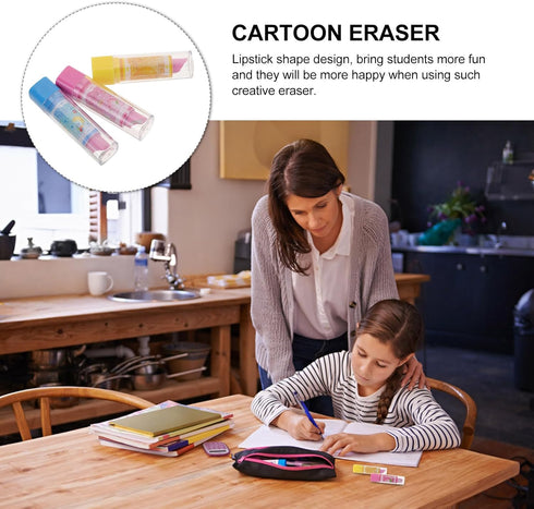 SAFIGLE 3pcs Kids Stationary Korean Novelty Erasers, Cute Cartoon Pencil Lipstick Fruit Pattern Rubber Pen