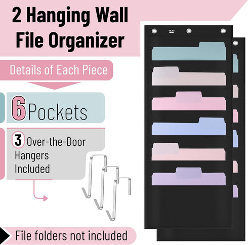 Mr. Pen- Hanging Wall File Organizer, 6 Pocket, 2 Pack, Black, 3 Overdoor Hangers Included, Over The Door File Organizer, Hanging Folder Organizer, Hanging File Organizer for Wall Folder Organizer