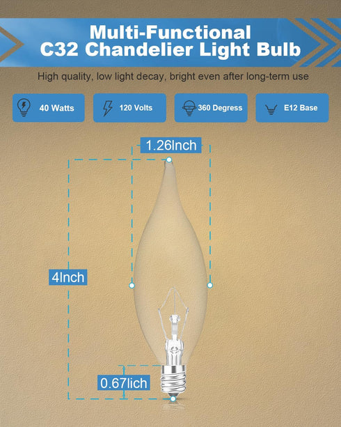 E12 B10 Bulb 2700K, 40W Bulbs, 400 Dimmable, 120V Bulbs (12-Pack) Clear Candle Base with Warm White Candelabra Light