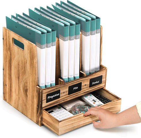 Wooden Desk File Organizer with 3 Compartments and 1 Drawer, Document Holder, Binder Rack with Chalkboard Label, Mail