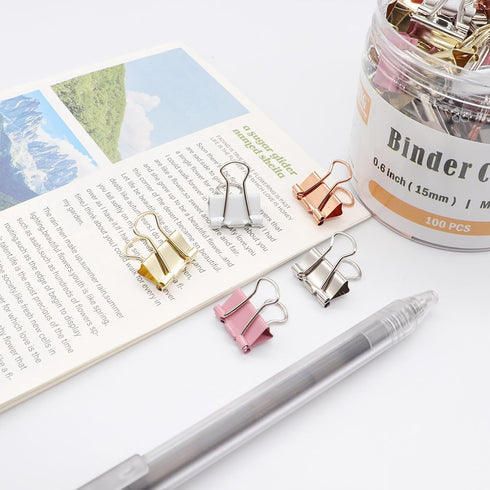 Mini Binder Clips - 100 Pack - Small Paper Clamps 15mm (5/8 inch) - Multicolored Office Clips for Home School Business