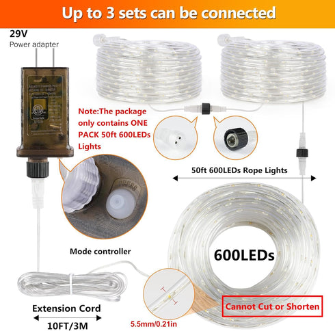 50ft 600 8 Connectable Outdoor Rope Lights, LED Warm White Strip Light Plug in for Indoor with Waterproof Modes