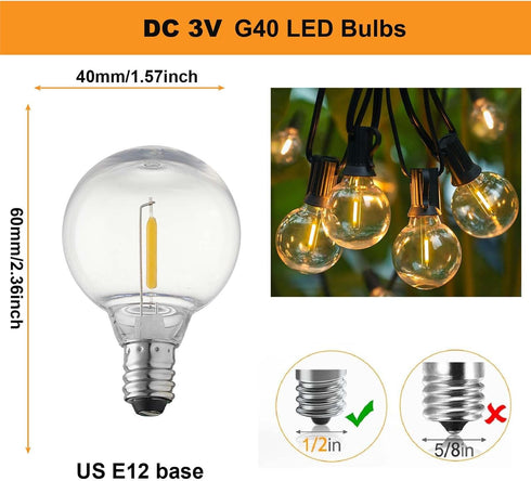 3V Bulbs,Only 3V 120V, E12 G40 Bulbs,Warm 25 Pack. DC Low Voltage,Solar String Light for DC, Burn Out at Shatterproof