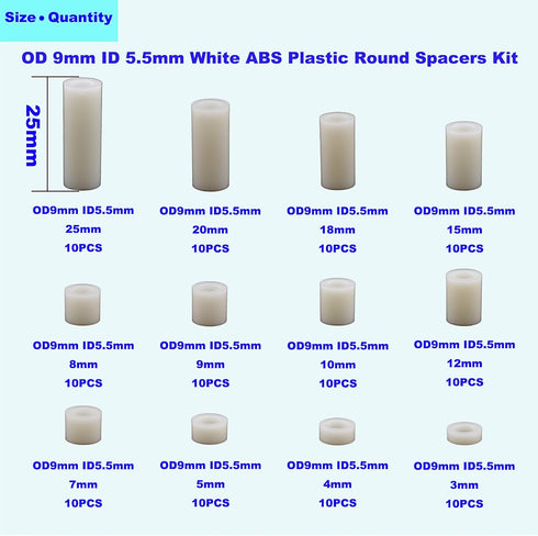 OD 9mm ID 5.5mm ABS Plastic Round Spacers Assortment Kit - Wall Plate spacers for M5 Screws, Lengths from 3mm to 25mm