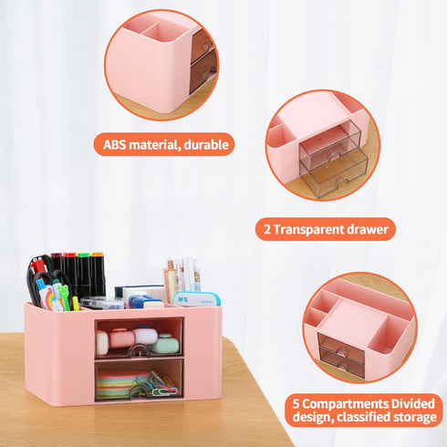 LETURE Desk Organizer with 2 Drawers, Plastic Pen Pencil Card Holder for Office Supplies, Home School (Pink)