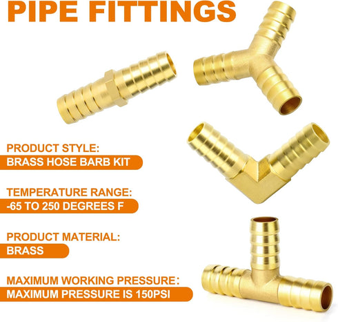 GASHER 8-Piece 3/8 Inch Brass Hose Barb Set - 90 Degree Elbow, Y-Shape Connector, Multi-Purpose Fuel/AIR/Water