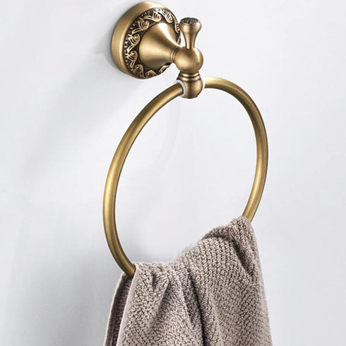 Antique Brass Towel Ring Hanger, Hand Towel Holder for Bathroom Kitchen Accessories, Wall Mounted Pattern Carving Design
