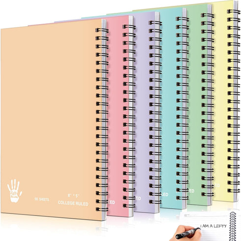 Lewtemi 6 Pack Small Left Handed Notebook, 8"x5", Lefty Spiral Notebooks, 50 Sheets College Wide Ruled Paper Journal