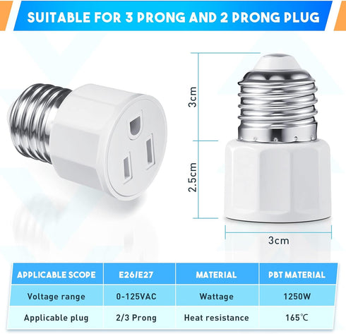 E26/E27 3 Prong Light Bulb Socket Adapter, Polarized Light Socket to Plug Converter for Patio, Garage, Porch