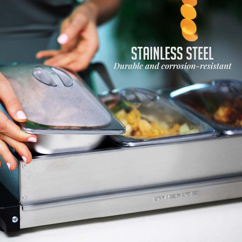 OVENTE Electric Buffet Server and Food Warmer, Three 1.5 Quart Chafing Dish Set with Stainless Steel Tray