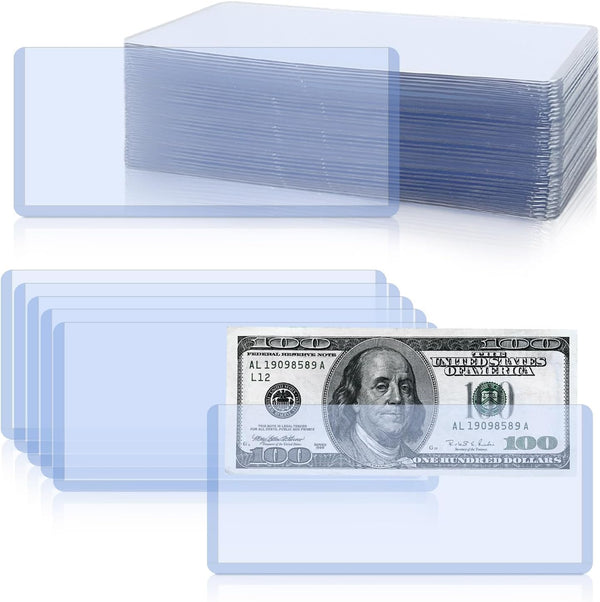 Rainmae 50 Pack Hard Plastic Clear Money Holder - 6.8" x 2.9" PVC Transparent Bill Money Top-Load Sleeves Display