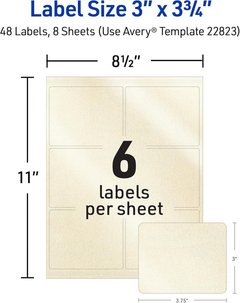 Avery Printable Blank Rectangle Labels, 3" x 3.75", Pearlized Ivory, 48 Labels (22823)