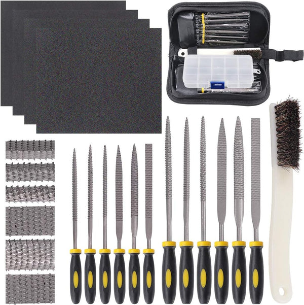 Glarks 18Pcs Assorted Wood Rasp Set with 12Pcs Mini Hand Metal Files, Brush, Storage Box & 4Pcs Sandpaper