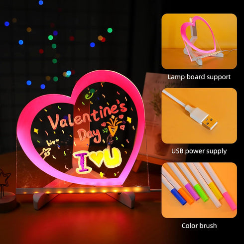 ENUOLI Acrylic Dry Erase Board with Light Pink Heart, LED Message Board with Stand for Desk, 7 Pens for Home & Wedding