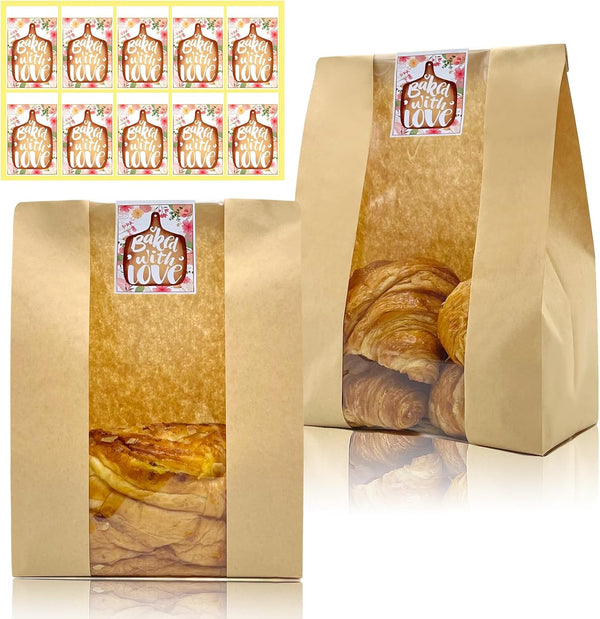 Paper Bread Bags for Homemade with Window&Sticker Ideal for Sourdough Bread, Bread