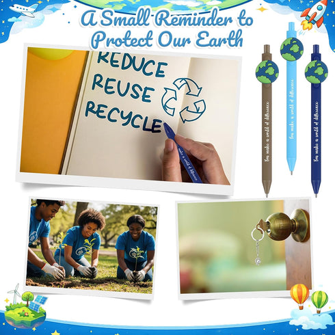 75 Geyoga Pcs Earth Day Gifts Bulk Retractable Earth Pens Rotating Globe Keychain with Inspirational Thank You Cards