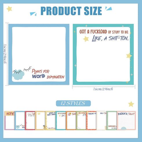 Kisston 12 Pcs Funny Sticky Notes with Fun Messages, 3 x 3 Inch Notepads for Coworkers, Self Stick Mini Notepads, 50