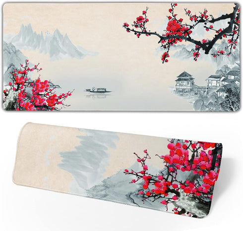 XXL Large Gaming Mouse Pad,Sakura Cherry Blossom Extended Desk Pad Non-Slip Rubber Base 35.4x15.7in with Stitched Edges Waterproof Full Desk Pads Computer Gaming Mousepads for Work/Game/Office by Kawani