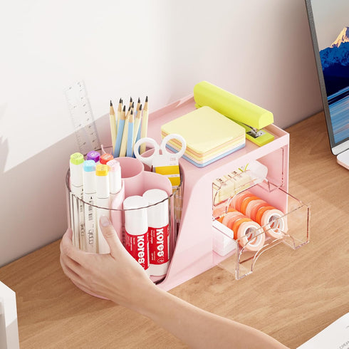 Marbrasse Desk Organizer with 2 Drawer, 360° Rotating Pen Holder, 6 Slots Pencil Organizer + 2 Drawer, Pink