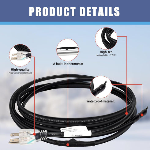 12FT Pipe Heating Cable - Heat Tape for Water Pipe Freeze Protection, 120V De-Icing Cable