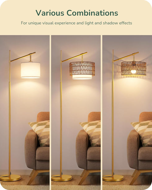 Dimmable Bulb, EDISHINE Rattan Arc Floor Lamp with Remote, Gold Farmhouse Standing Lamps for Living Room, Rattan