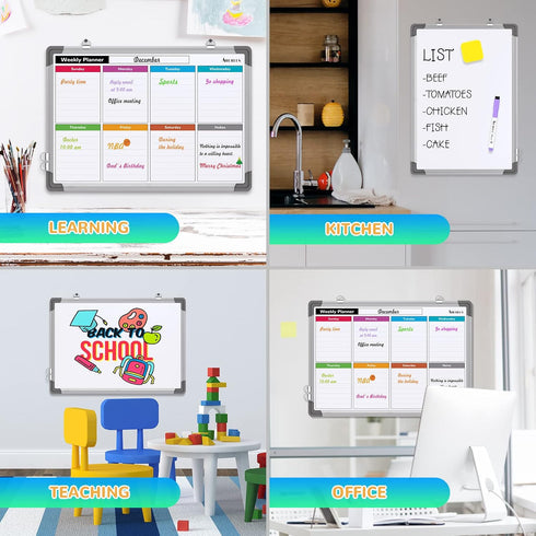 Small Weekly Calendar Dry Erase Whiteboard, 16" x 12" Magnetic Hanging Double-Sided Board for Home, Office