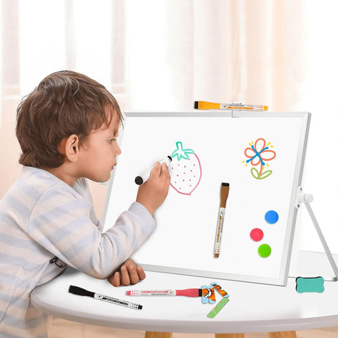 Dry Erase Magnetic White Board, 16" x 12" - Double-Sided Desktop Whiteboard with Stand for Home & School