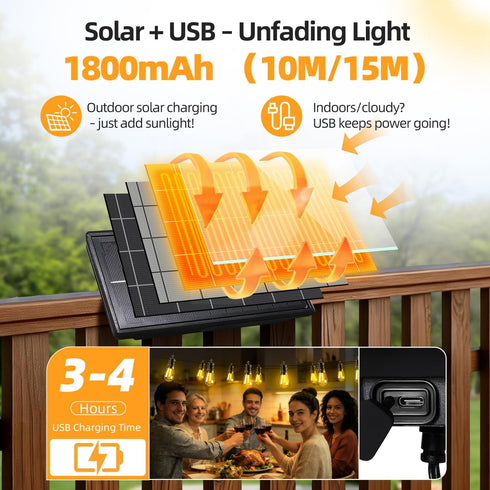 FUANXIEI S14 10M 33FT 3 Dimmable Bulbs Solar Lights Outdoor Patio Lights: Solar Powered Remote Control Light Modes