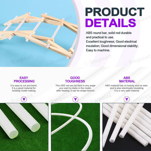 Swpeet 15Pcs Assortment Kit of Milkly Plastic Rods, 4mm Diameter, 250mm Length, ABS Round Stick for DIY Model