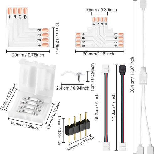 5050 4 Pin RGB LED Strip Connector Kit, RGB Extension Cable, 2 Way RGB Splitter Cable, L Connectors, T Connector