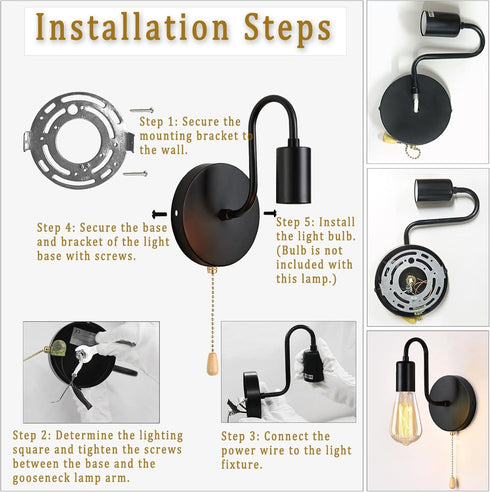 1-Light E26 Bulb Pull Chain Wall Light Fixture Wall Sconce with On Off Switch Hardwired Black Wall Sconces Indoor