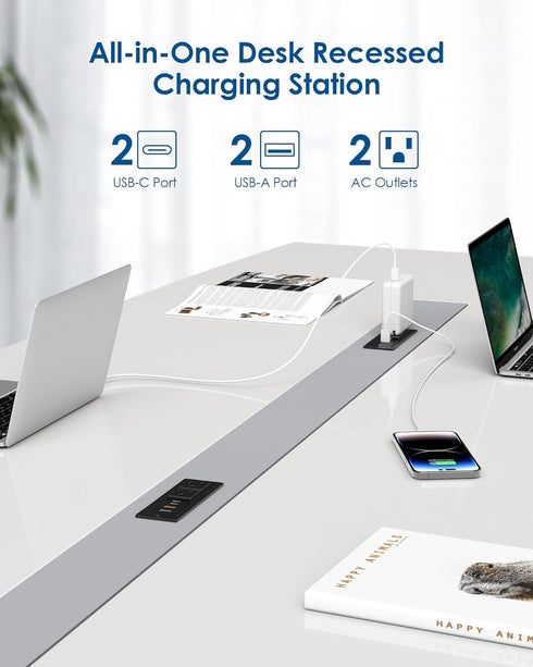 Jgstkcity 30W Strip,2 4 Table,10ft USB C Recessed Power Strip,Flat Plug Power Outlets USB Ports,Furniture Flush Mount