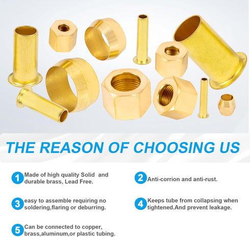 150PCS Tube OD (1/4" 5/16" 3/8" 1/2") Brass Compression Sleeves Ferrules & Insert, 4 Sizes Assortment Kit